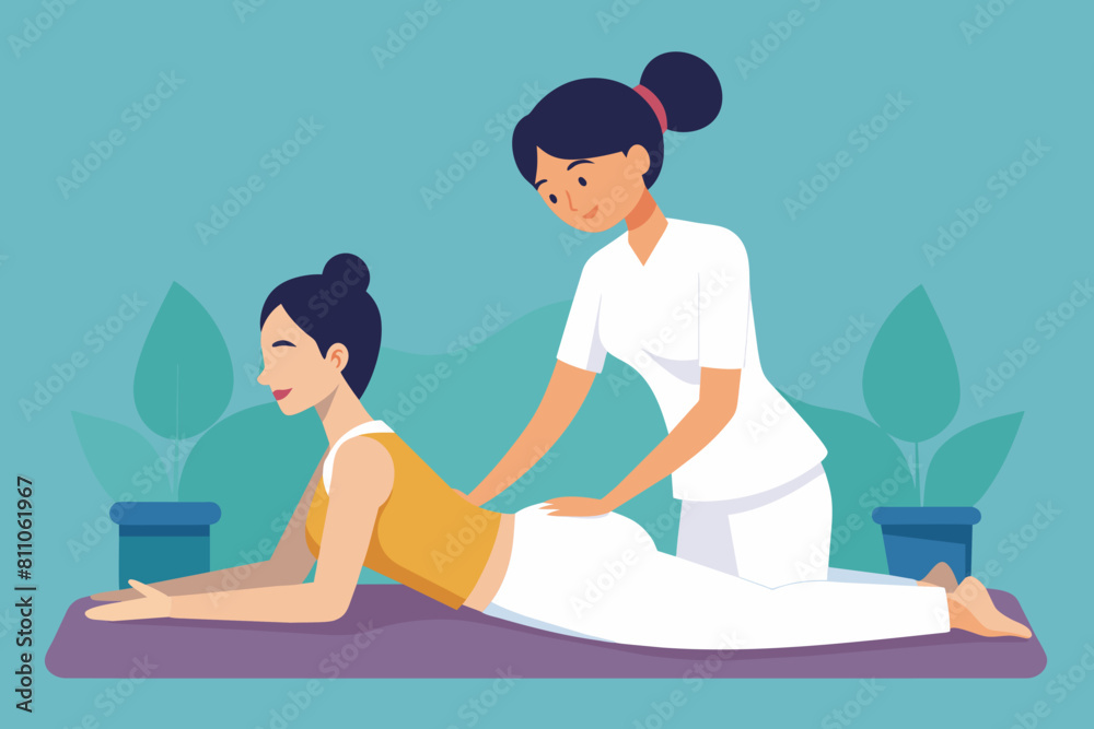 Asian masseuse giving a back massage to a female client in a spa setting. Relaxing massage therapy session. Concept of wellness, relaxation, therapeutic touch, spa treatment. Graphic art