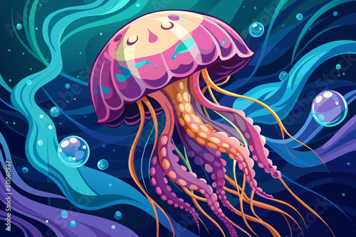 Jellyfish with flowing tentacles swimming in the ocean. Concept of ocean animal, sea creature. Graphic illustration. Print
