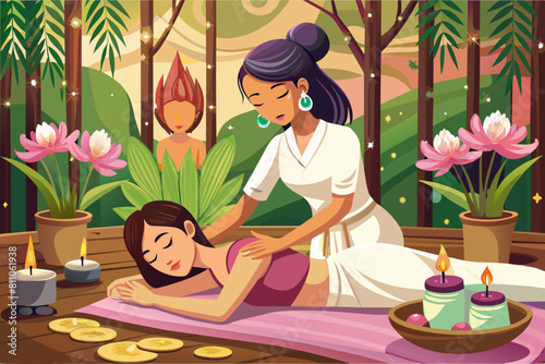 Therapeutic massage in a peaceful spa setting by an Asian therapist. Calm massage session for female client. Concept of relaxation, health care, spa services, rejuvenating treatments. Graphic art