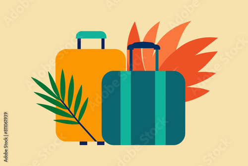 Isolated Suitcases with tropical palm leaves. Travel luggage ready for holiday. Concept of vacation, travel gear, tropical destination, journey. Graphic illustration. Print, textile, design element