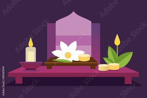 Empty Thai spa treatment room. Spa interior. Concept of relaxation, massage room, wellness, tranquility, indulgence. Graphic illustration. Print, textile, design element