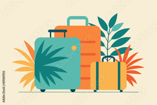 Isolated Suitcases with tropical palm leaves. Travel luggage ready for holiday. Concept of vacation, travel gear, tropical destination, journey. Graphic illustration. Print, textile, design element