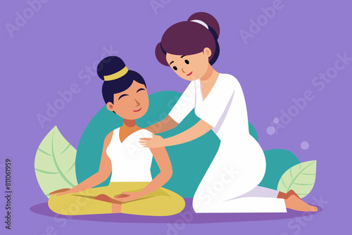 Female client receiving back massage from an Asian therapist in tranquil spa environment. Serene spa therapy experience. Concept of health, relaxation, professional massage, stress relief. Graphic art