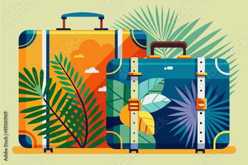 Isolated Suitcases with tropical palm leaves. Travel luggage ready for holiday. Concept of vacation, travel gear, tropical destination, journey. Graphic illustration. Print, textile, design element