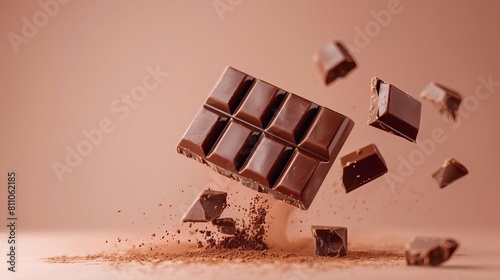 levitating Chocolate , pastel color background, professional studio photography, hyperrealistic, minimalism, negative space, high detailed, sharp focus photo