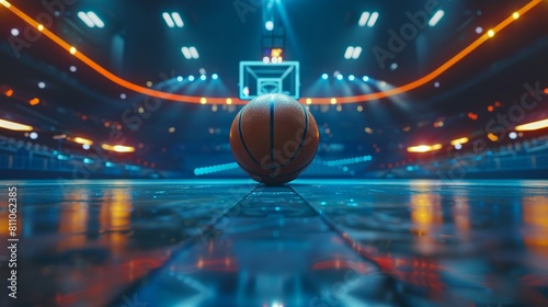 basketball ball on a floor of basketball arena with epic lights