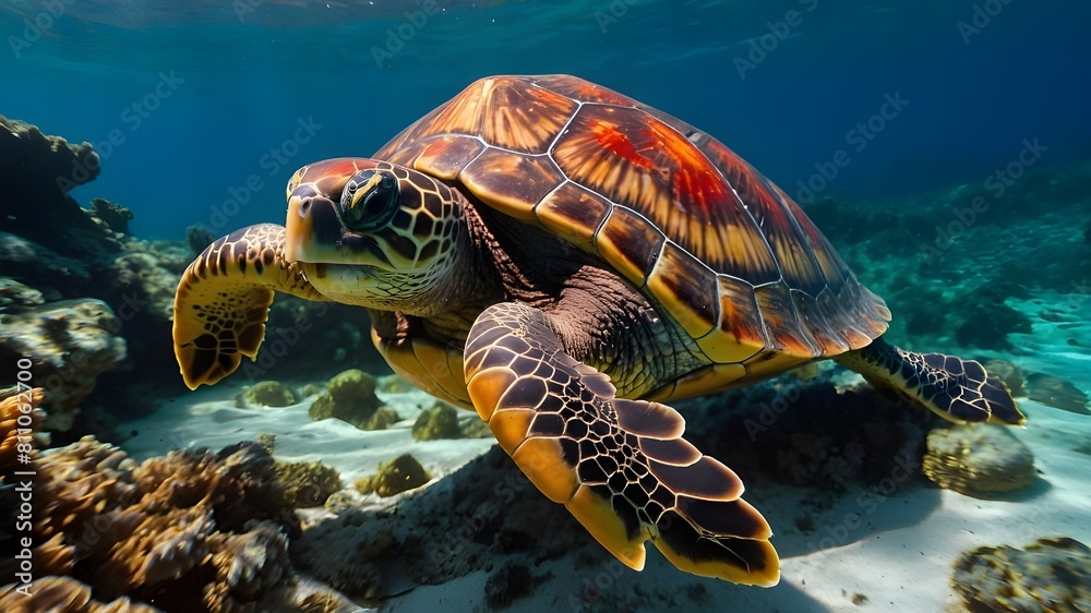 Obraz premium An endangered turtle swimming gracefully through a coral reef, its shell adorned with vibrant hues of red