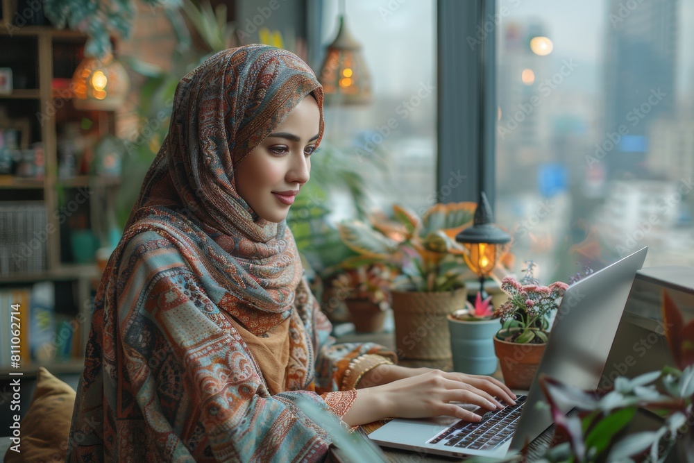 A serene woman in a traditional headscarf sits by a window working on her laptop in a cozy, plant-filled setting A serene woman in a traditional headscarf sits by a window working on her laptop in a cozy, plant-filled setting