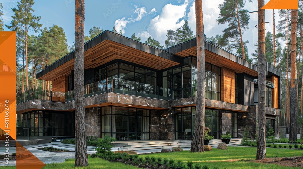 Modern minimalist cube villa with wooden cladding, black panel walls, and landscaped surroundings Modern minimalist cube villa with wooden cladding, black panel walls, and landscaped surroundings