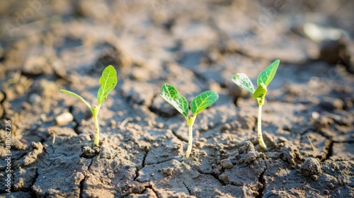 Tiny seedlings struggling to survive in an arid environment symbolize the challenges we face on Earth Day and Environment Day reminding us of the urgent need to address global warming pollu photo