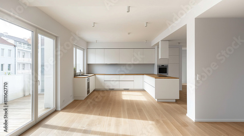 Apartment Kitchen Interior  White Cabinets  Wooden Floors  Light Gray Walls in Minimalistic Style with Natural Lighting and Neutral Tones