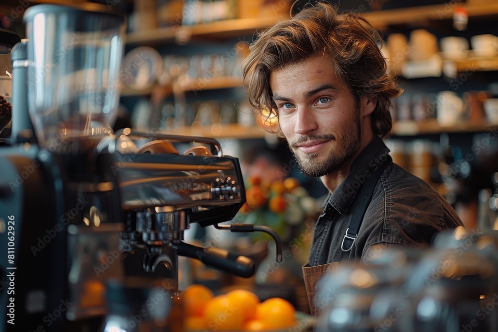 Welcoming young barista with a friendly smile in front of espresso machine in a modern cafe Welcoming young barista with a friendly smile in front of espresso machine in a modern cafe