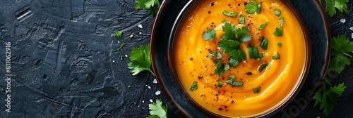 Fresh Carrot ginger soup with coconut milk and cilantro, realistic food banner, top view with copy space photo