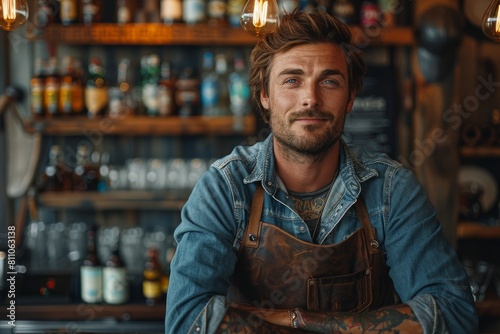Confident barista with tattoos leaning on a coffee bar counter