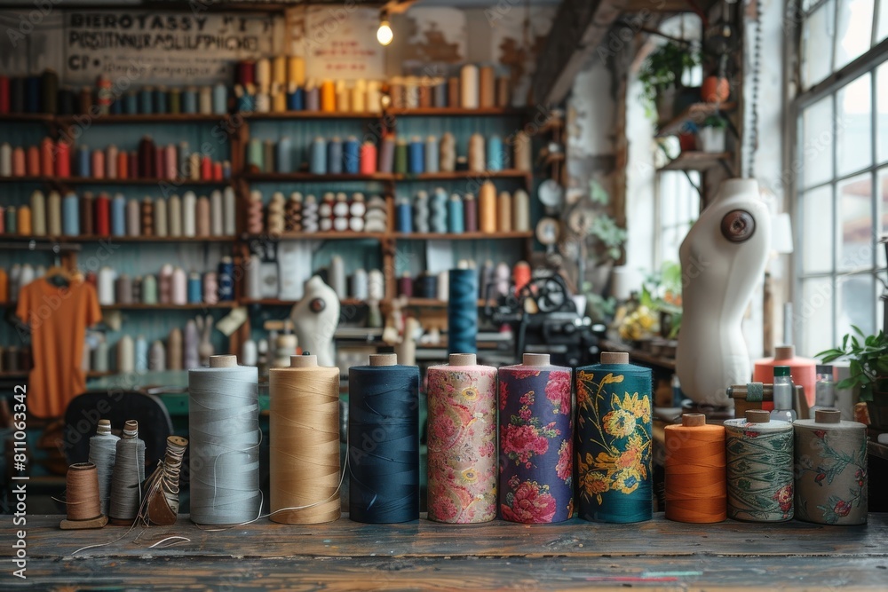 Interior scene of a tailor's workshop featuring a careful arrangement of thread spools on a wooden countertop Interior scene of a tailor's workshop featuring a careful arrangement of thread spools on a wooden countertop