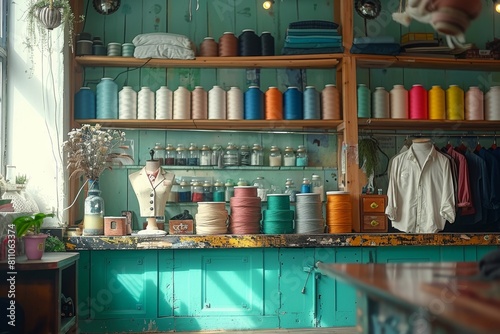 Vintage-style tailor shop with rolls of thread, sewing machine, and white clothing on display