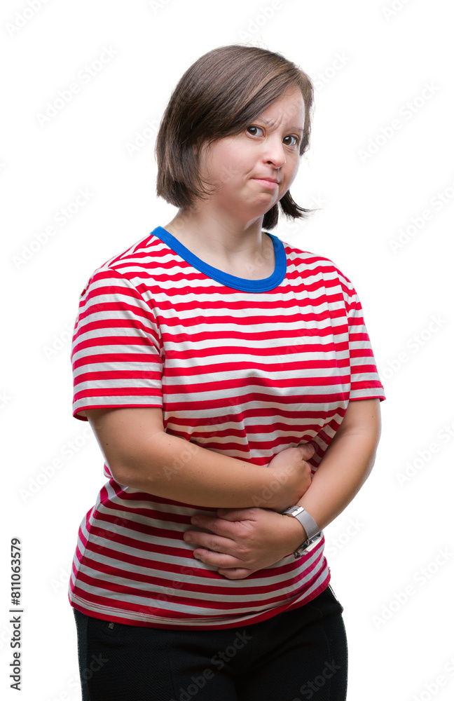 Young adult woman with down syndrome over isolated background with hand on stomach because nausea, painful disease feeling unwell. Ache concept. Young adult woman with down syndrome over isolated background with hand on stomach because nausea, painful disease feeling unwell. Ache concept.