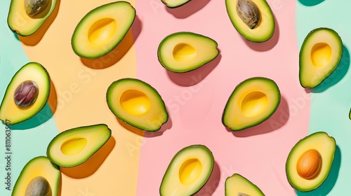 Avocado slices and whole  shot from above  making a fun pattern on a bright pastel color background  magazine cover photo