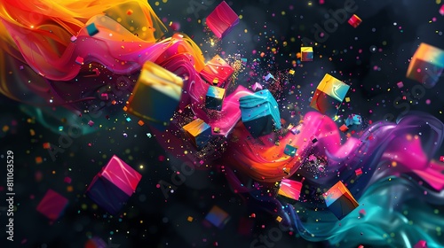 Colorful cubes in three-dimensional arrangement with swirling elements photo