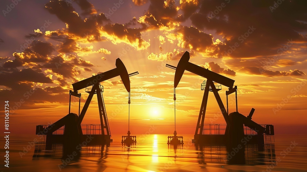 Working Pumpjacks On Sunrise. Silhouette of oil pump jack on rig. Oil drilling company growth. Financial and commodity markets. Ai generative. 
