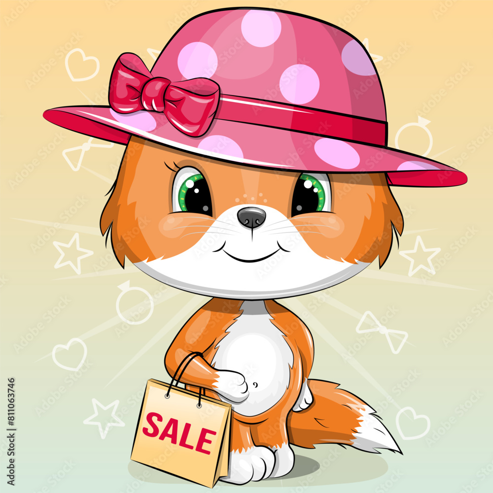 Fototapeta premium A cute cartoon fox in a hat holds a shopping bag. Vector illustration of an animal.