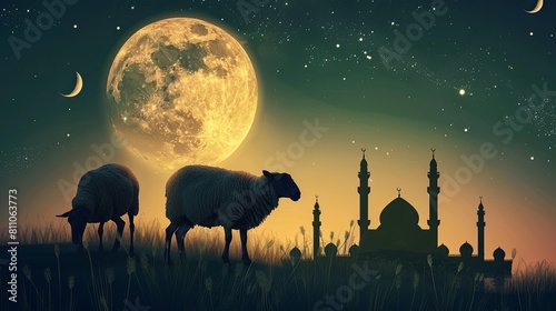 Sheep standing with moon and mosque Islamic background, Eid ul Adha Mubarak background