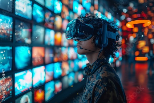 A young person wearing a VR headset, encapsulated by numerous screens projecting a digital universe, representing modern entertainment
