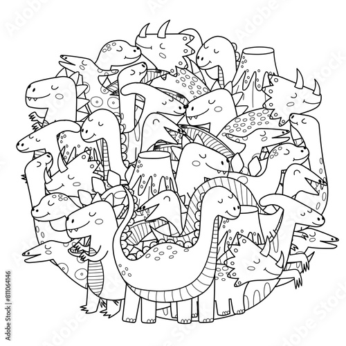 Cute dinosaurs mandala for kids. Doodle dino characters circle shape coloring page. Outline background. Vector illustration