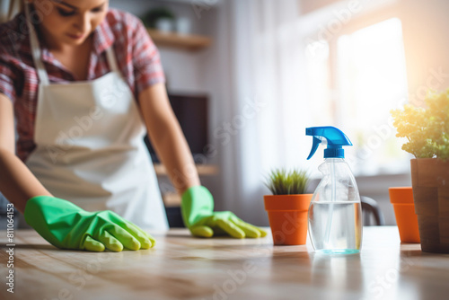 Professional cleaner executing meticulous cleaning service. photo