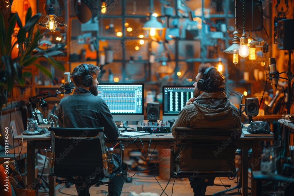 Two music producers are engaged in refining a sound mix in a studio filled with ambient lighting and high-tech equipment Two music producers are engaged in refining a sound mix in a studio filled with ambient lighting and high-tech equipment