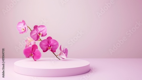 Delicate pink orchids on a soft pink background, ideal for luxury organic cosmetic, skin care, and beauty treatment product display in 3D.