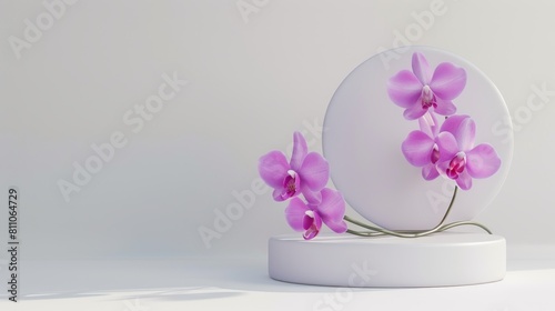 White background featuring an elegant orchid display for luxury organic cosmetic, skin care, and beauty treatment product display in 3D.
