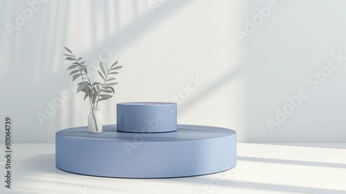 Blue cosmetic container on a minimalist white shelf, background for luxury organic cosmetic, skin care, beauty treatment product display 3D