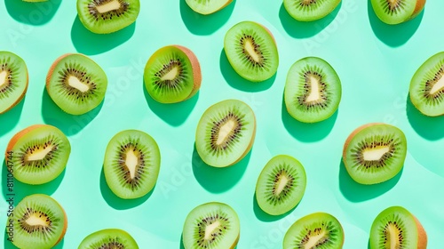 Kiwi slices and whole, shot from above, making a fun pattern on a bright pastel color background, magazine cover photo