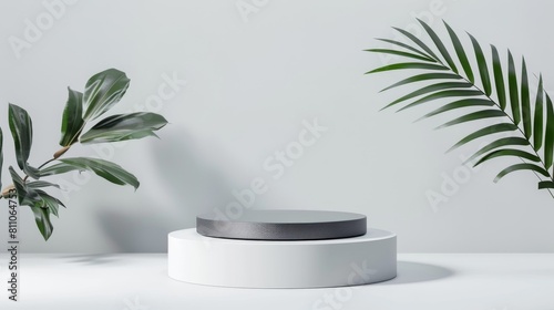 White and green cosmetic display with tropical foliage, perfect for background for luxury organic cosmetic, skin care, beauty treatment product display 3D