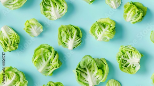 Lettuce slices and whole, shot from above, making a fun pattern on a bright pastel color background, magazine cover photo