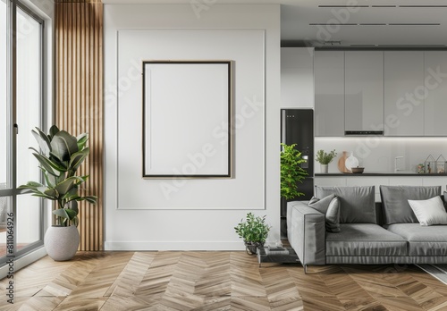 Modern interior of small apartment with white walls  parquet floor and wooden panels on the wall with large poster frame on it