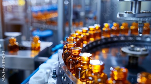 Medical vials on production line at pharmaceutical factory  Pharmaceutical machine working pharmaceutical glass bottles production line  health care  pandemic