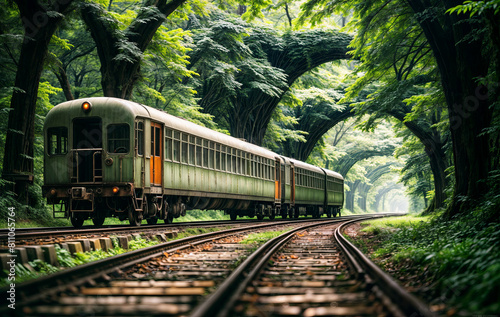 train on the railway under a green tunnel of vegetation created with Generative AI technology