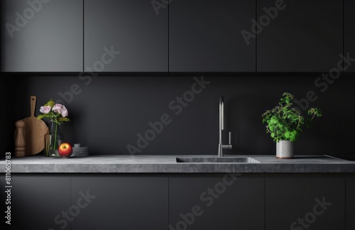 Modern kitchen interior with gray cabinet and sink  close up  black wall background  mockup template