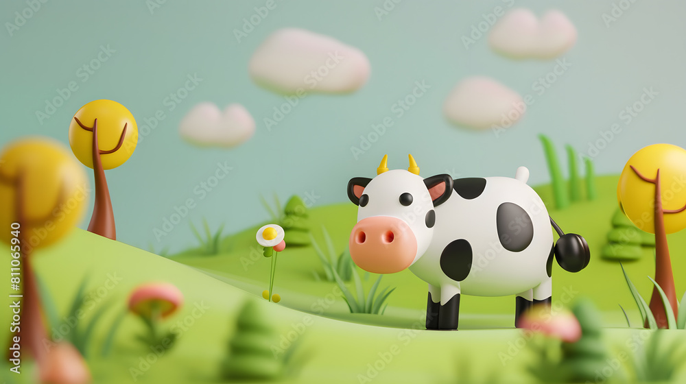 A Soft 3d style cow in the farm with grassess in the background A Soft 3d style cow in the farm with grassess in the background