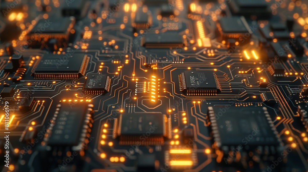 close-up of a green circuit board, a key component in computers, filled with tiny chips and other electronic parts close-up of a green circuit board, a key component in computers, filled with tiny chips and other electronic parts