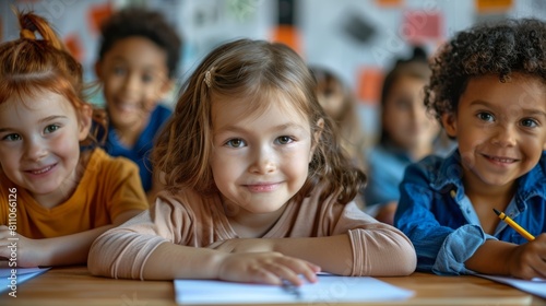 primary elementary school group of children studying in the classroom. learning and sitting at the desk. young cute kids smiling, high quality photo