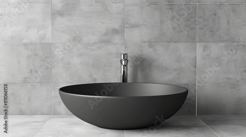 Contemporary black ceramic vessel sink and chrome faucet pair with elegant grey tiled wall backdrop