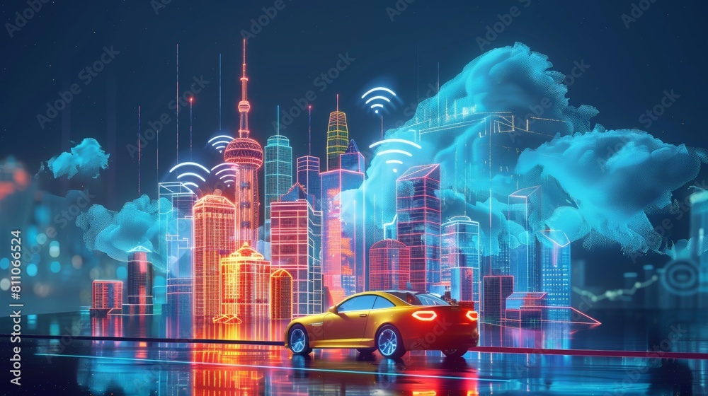 Social networking city and town with automation car on the world symbols moving from buildings to cloud using wifi. Vector illustration, penology, communication, generation, modern, generate by AI