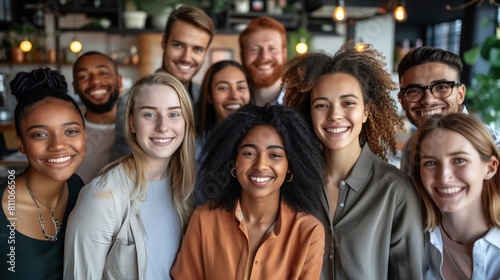 Diverse Professionals Smiling Together, Multicultural people taking group selfie portrait in the office or coffee shop, happy lifestyle and teamwork and friendship concept
