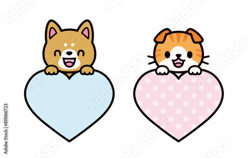 illustration set of a cute dog and cat holding a heart-shaped frame