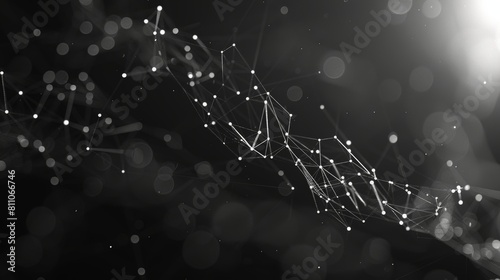 Abstract dark polygonal space with connecting lines and dots. 3D rendering.