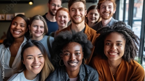 Diverse Professionals Smiling Together, Multicultural people taking group selfie portrait in the office or coffee shop, happy lifestyle and teamwork and friendship concept
