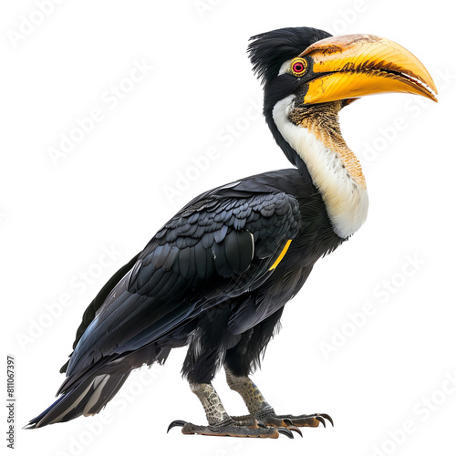 The photo shows a rhinoceros hornbill, a large bird with a distinctive horn-shaped casque on its head. It is found in forests in Southeast Asia. photo